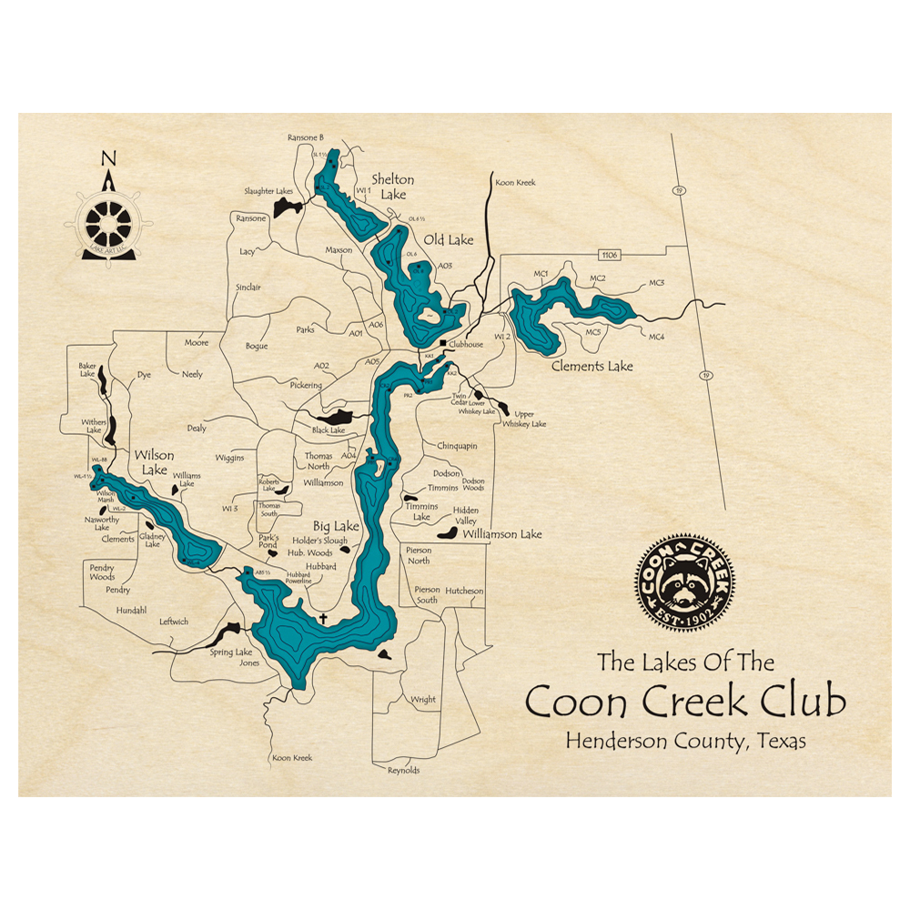 Bathymetric topo map of The Lakes of the Coon Creek Club, TX with roads, towns and depths noted in blue water.