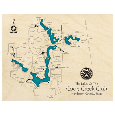 Bathymetric topo map of The Lakes of the Coon Creek Club, TX with roads, towns and depths noted in blue water.