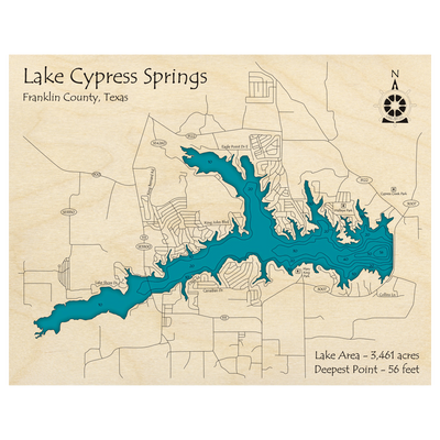 Bathymetric topo map of Lake Cypress Springs, TX with roads, towns and depths noted in blue water.