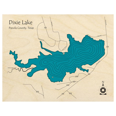 Bathymetric topo map of Dixie Lake, TX with roads, towns and depths noted in blue water.