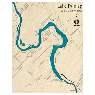 Bathymetric topo map of Lake Dunlap, TX with roads, towns and depths noted in blue water.