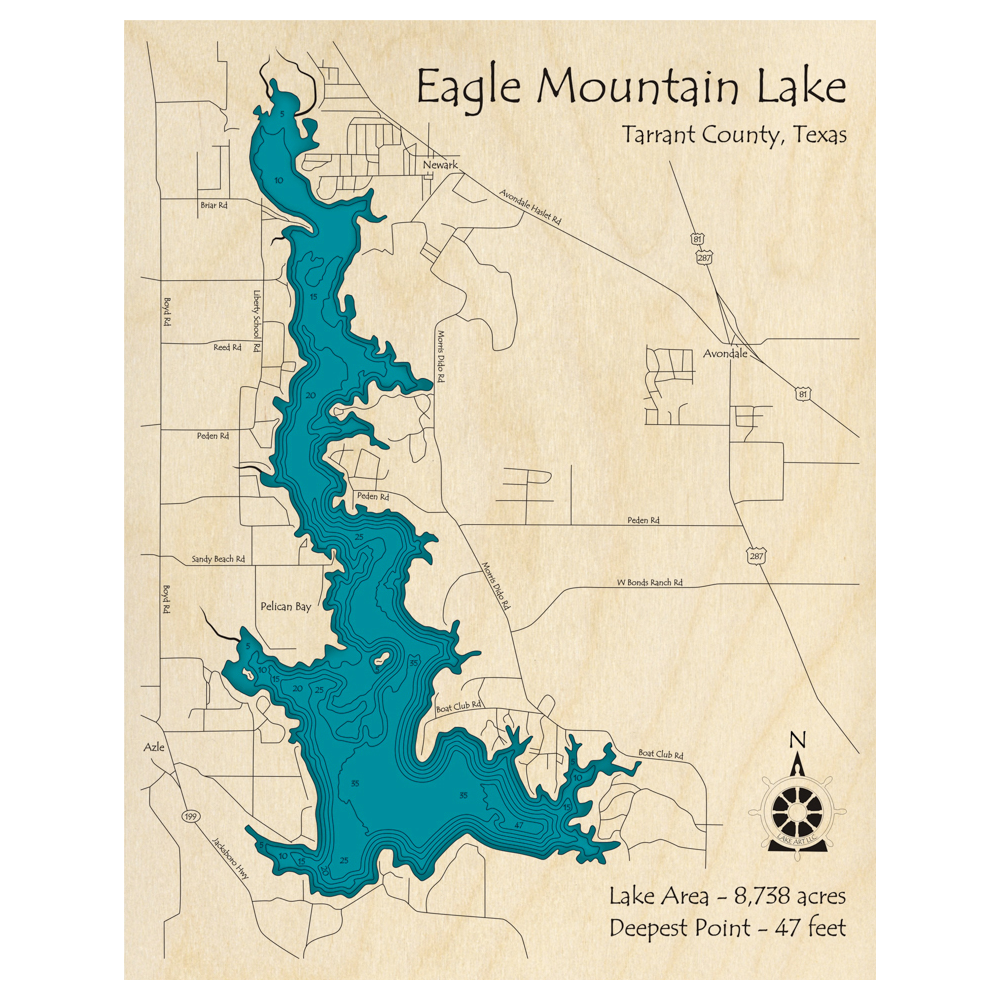 Bathymetric topo map of Eagle Mountain Lake, TX with roads, towns and depths noted in blue water.