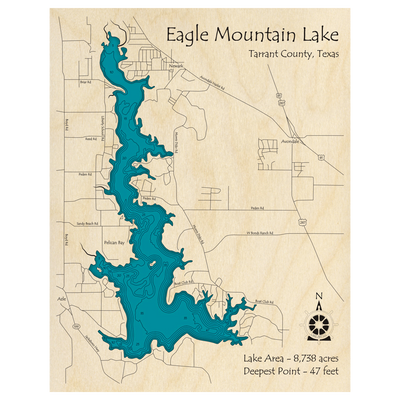 Bathymetric topo map of Eagle Mountain Lake, TX with roads, towns and depths noted in blue water.
