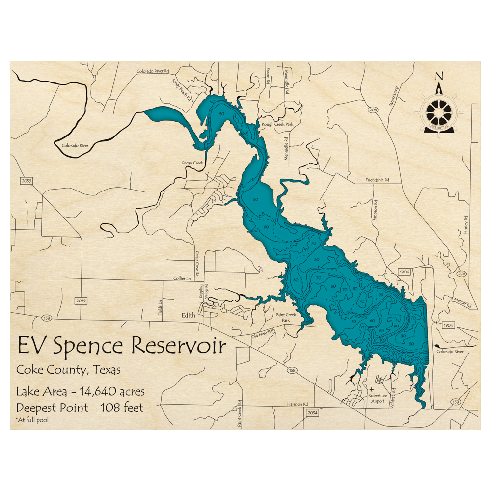 Bathymetric topo map of EV Spence Reservoir, TX with roads, towns and depths noted in blue water.