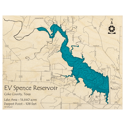 Bathymetric topo map of EV Spence Reservoir, TX with roads, towns and depths noted in blue water.