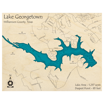Bathymetric topo map of Lake Georgetown, TX with roads, towns and depths noted in blue water.