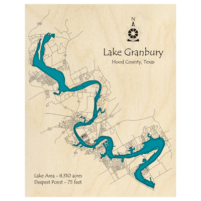 Bathymetric topo map of Lake Granbury, TX with roads, towns and depths noted in blue water.