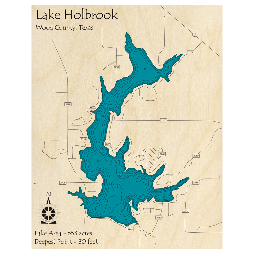 Bathymetric topo map of Lake Holbrook, TX with roads, towns and depths noted in blue water.