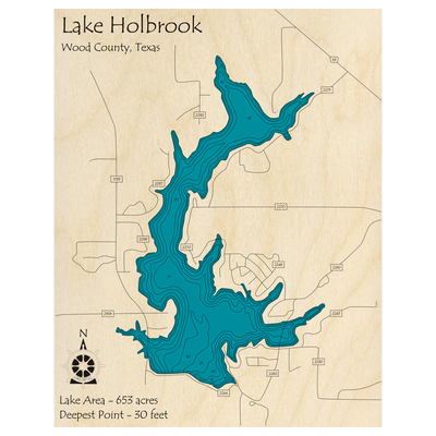 Bathymetric topo map of Lake Holbrook, TX with roads, towns and depths noted in blue water.