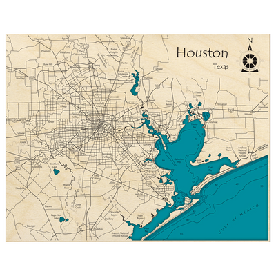 Bathymetric topo map of Houston, Texas, TX with roads, towns and depths noted in blue water.
