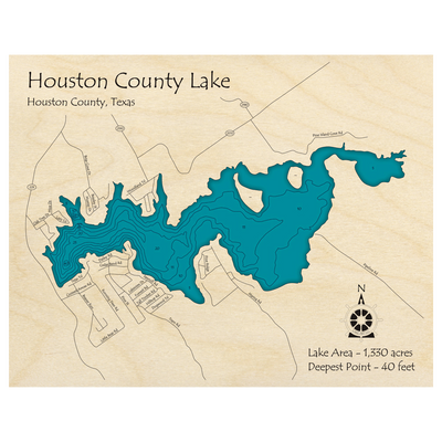Bathymetric topo map of Houston County Lake, TX with roads, towns and depths noted in blue water.