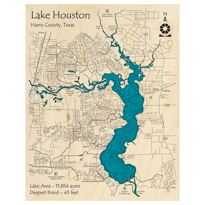 Bathymetric topo map of Lake Houston, TX with roads, towns and depths noted in blue water.