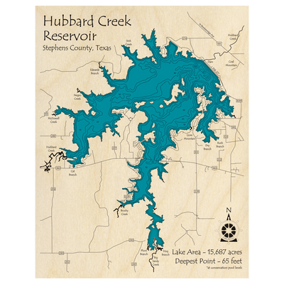 Bathymetric topo map of Hubbard Creek Reservoir, TX with roads, towns and depths noted in blue water.