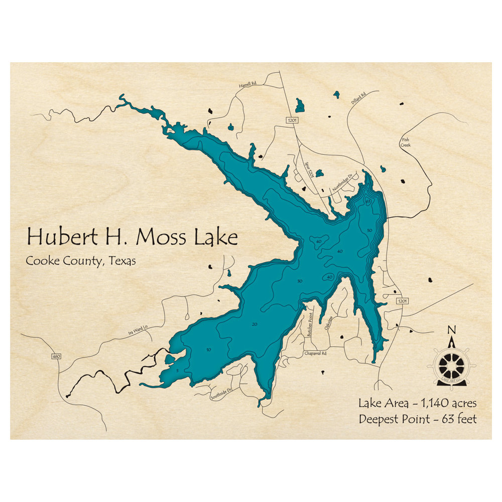 Bathymetric topo map of Hubert H Moss Lake, TX with roads, towns and depths noted in blue water.