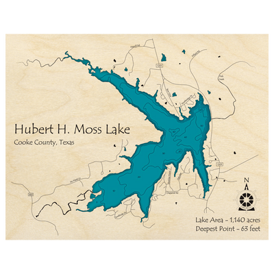 Bathymetric topo map of Hubert H Moss Lake, TX with roads, towns and depths noted in blue water.