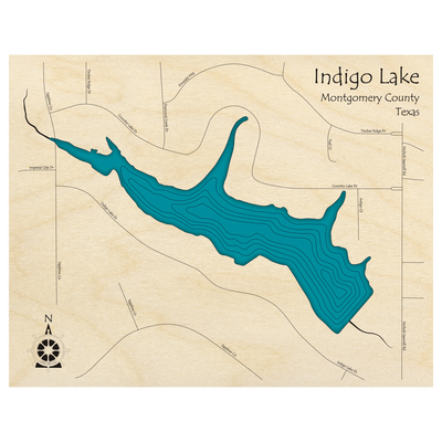 Bathymetric topo map of Indigo Lake, TX with roads, towns and depths noted in blue water.