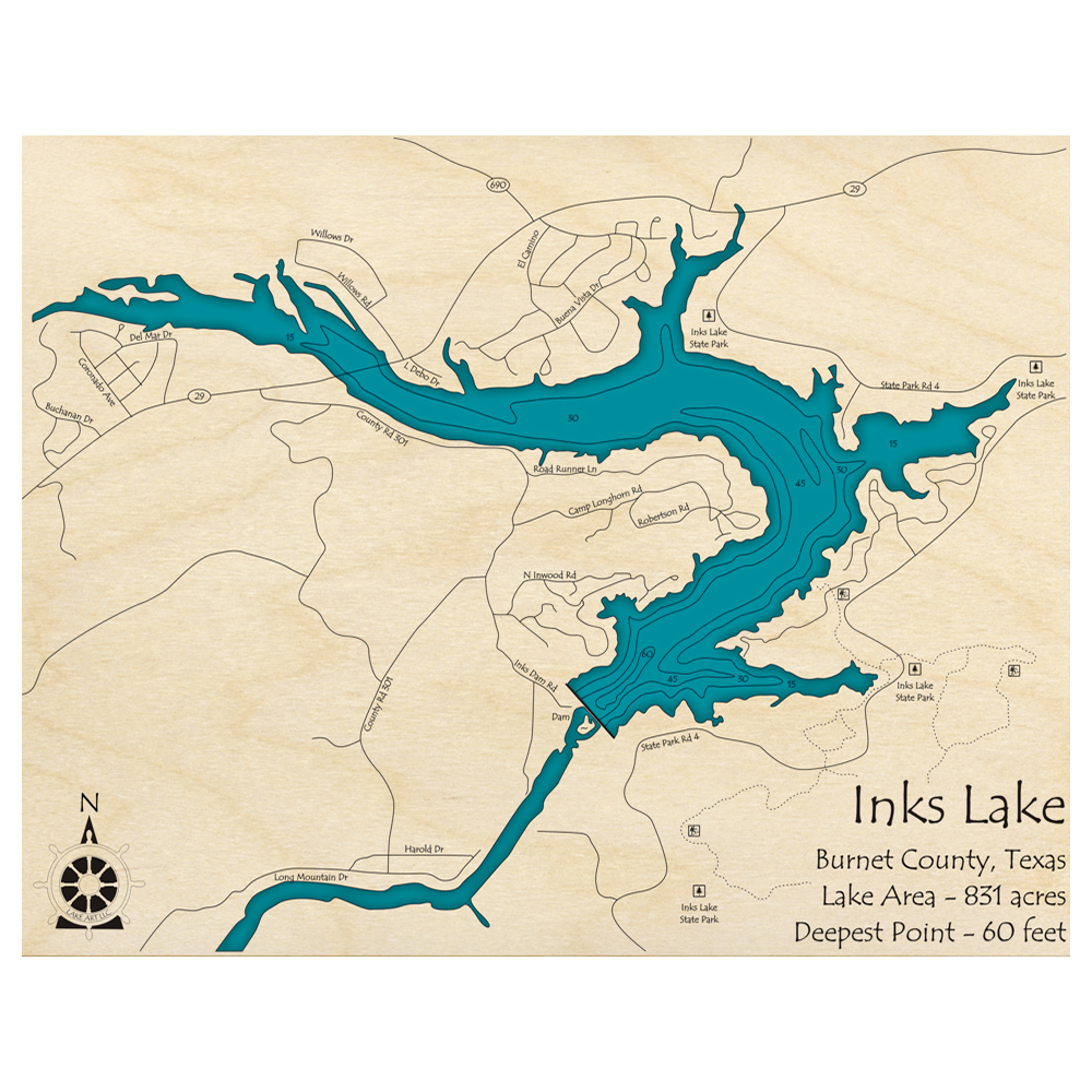 Bathymetric topo map of Inks Lake, TX with roads, towns and depths noted in blue water.