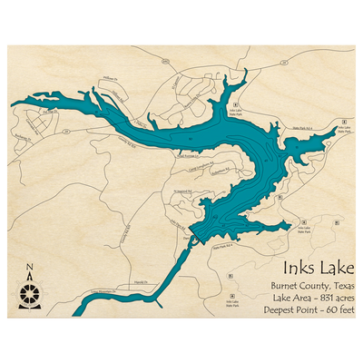 Bathymetric topo map of Inks Lake, TX with roads, towns and depths noted in blue water.