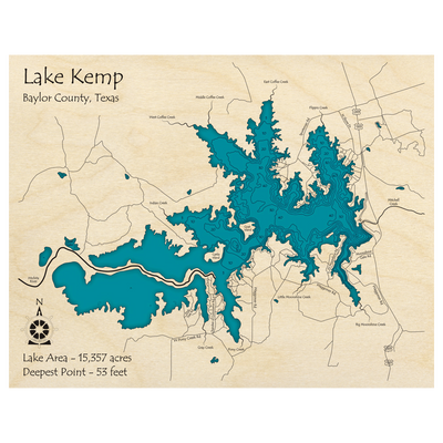 Bathymetric topo map of Lake Kemp, TX with roads, towns and depths noted in blue water.