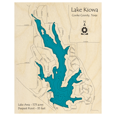 Bathymetric topo map of Lake Kiowa, TX with roads, towns and depths noted in blue water.