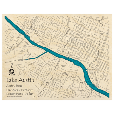 Bathymetric topo map of Lake Austin at Downtown Austin, TX with roads, towns and depths noted in blue water.