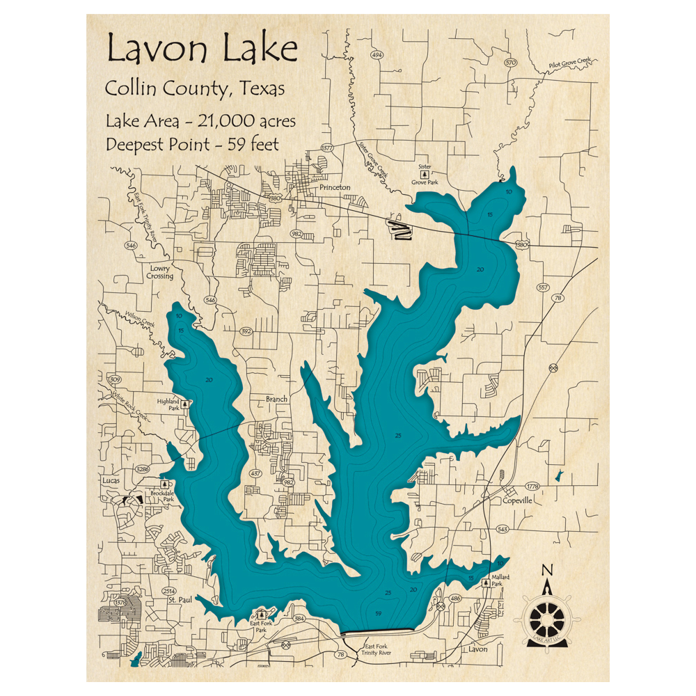 Bathymetric topo map of Lavon Lake, TX with roads, towns and depths noted in blue water.