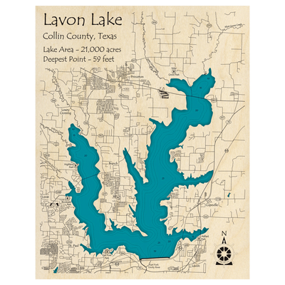 Bathymetric topo map of Lavon Lake, TX with roads, towns and depths noted in blue water.