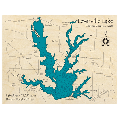 Bathymetric topo map of Lewisville Lake, TX with roads, towns and depths noted in blue water.