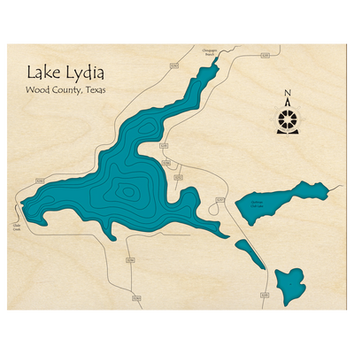 Bathymetric topo map of Lake Lydia, TX with roads, towns and depths noted in blue water.