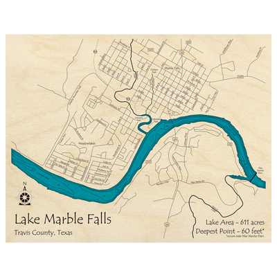 Bathymetric topo map of Lake Marble Falls, TX with roads, towns and depths noted in blue water.