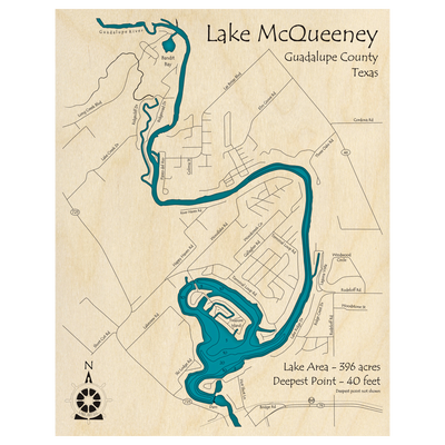 Bathymetric topo map of Lake McQueeney, TX with roads, towns and depths noted in blue water.