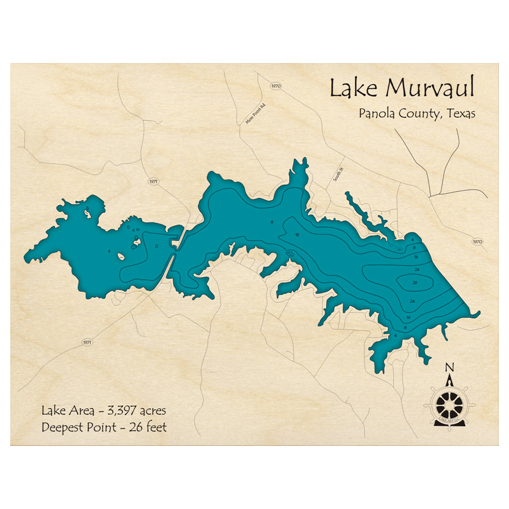 Bathymetric topo map of Lake Murvaul, TX with roads, towns and depths noted in blue water.