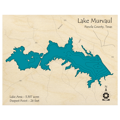 Bathymetric topo map of Lake Murvaul, TX with roads, towns and depths noted in blue water.