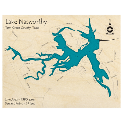 Bathymetric topo map of Lake Nasworthy, TX with roads, towns and depths noted in blue water.