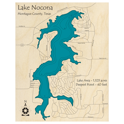 Bathymetric topo map of Lake Nocona, TX with roads, towns and depths noted in blue water.