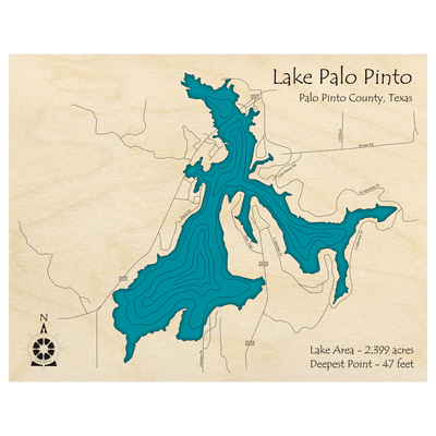 Bathymetric topo map of Lake Palo Pinto, TX with roads, towns and depths noted in blue water.