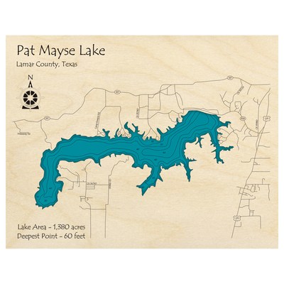 Bathymetric topo map of Pat Mayse Lake, TX with roads, towns and depths noted in blue water.
