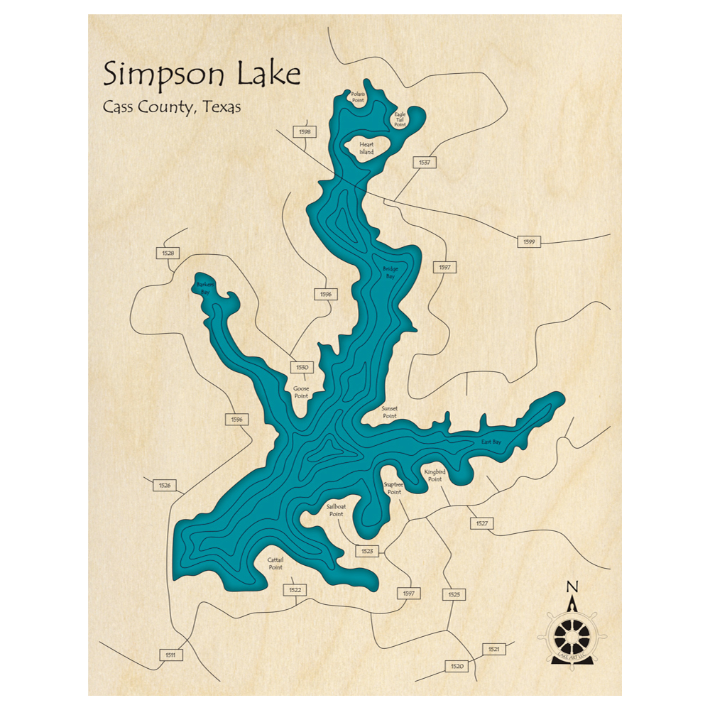 Bathymetric topo map of Simpson Lake, TX with roads, towns and depths noted in blue water.