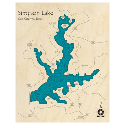 Bathymetric topo map of Simpson Lake, TX with roads, towns and depths noted in blue water.