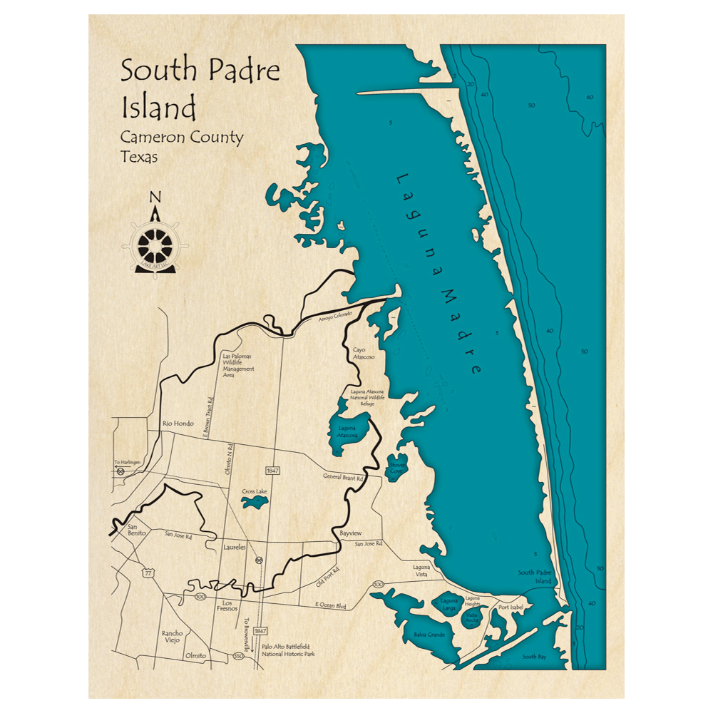 Bathymetric topo map of South Padre Island, TX with roads, towns and depths noted in blue water.