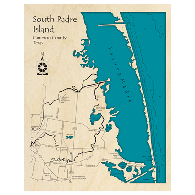 Bathymetric topo map of South Padre Island, TX with roads, towns and depths noted in blue water.
