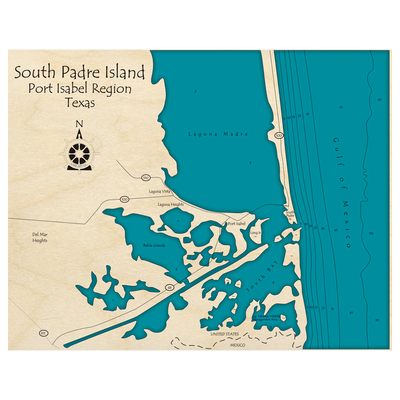 Bathymetric topo map of South Padre Island, TX with roads, towns and depths noted in blue water.
