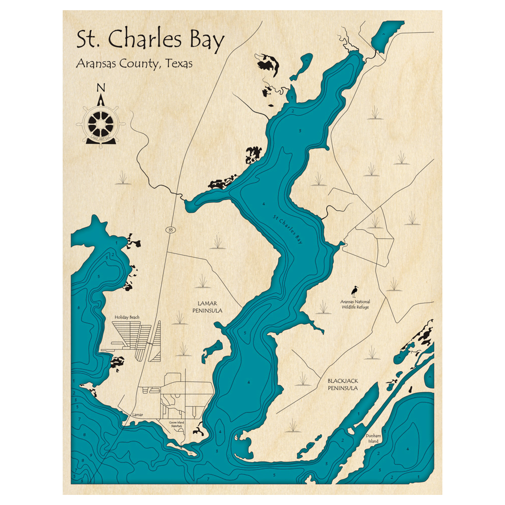 Bathymetric topo map of St Charles Bay, TX with roads, towns and depths noted in blue water.