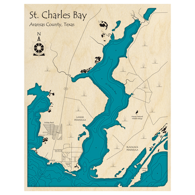 Bathymetric topo map of St Charles Bay, TX with roads, towns and depths noted in blue water.