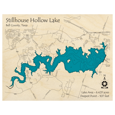 Bathymetric topo map of Stillhouse Hollow Lake, TX with roads, towns and depths noted in blue water.