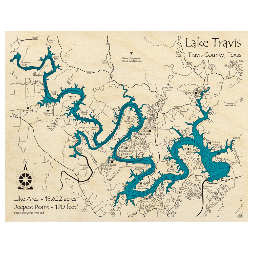 Bathymetric topo map of Lake Travis, TX with roads, towns and depths noted in blue water.