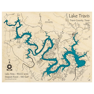 Bathymetric topo map of Lake Travis, TX with roads, towns and depths noted in blue water.