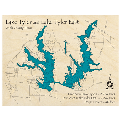 Bathymetric topo map of Tyler Lake, TX with roads, towns and depths noted in blue water.