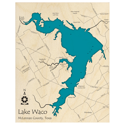 Bathymetric topo map of Lake Waco, TX with roads, towns and depths noted in blue water.