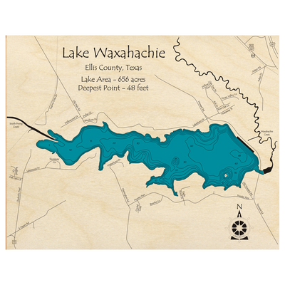 Bathymetric topo map of Lake Waxahachie, TX with roads, towns and depths noted in blue water.